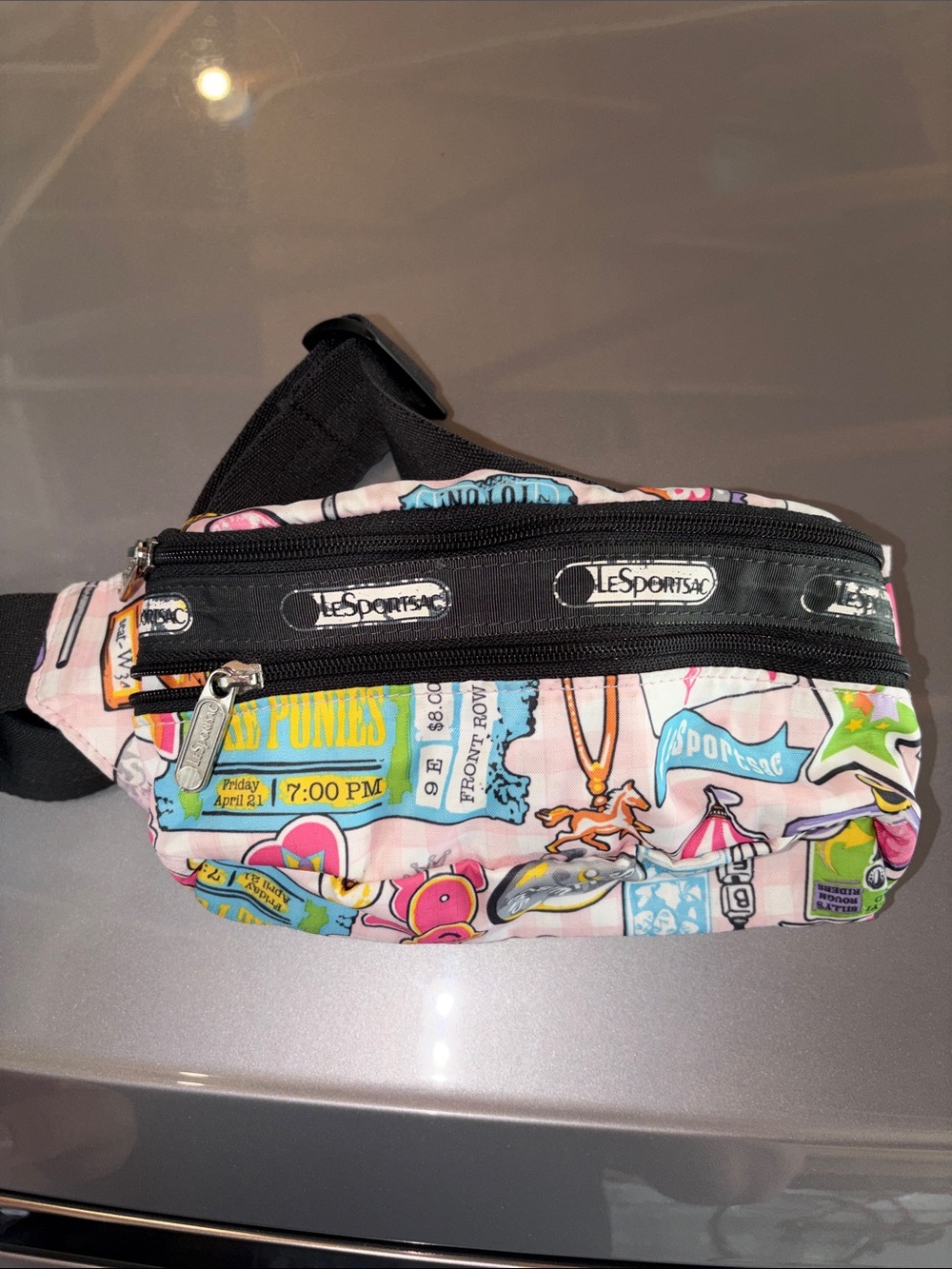 LeSportsac Beige Strap Multicolor Cartoon Print pony ride belt Crossbody bag zip